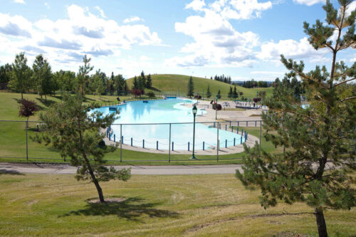 A park with trees, a pool, and a small hill in the distance.